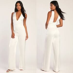Lulus Ultimate Allure Ivory Satin Wide-Leg Jumpsuit